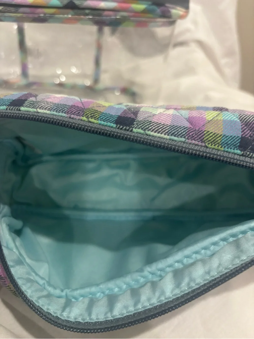 Vera Bradley 2 piece - Clear Cosmetic Case with Pastel Plaid Pouch